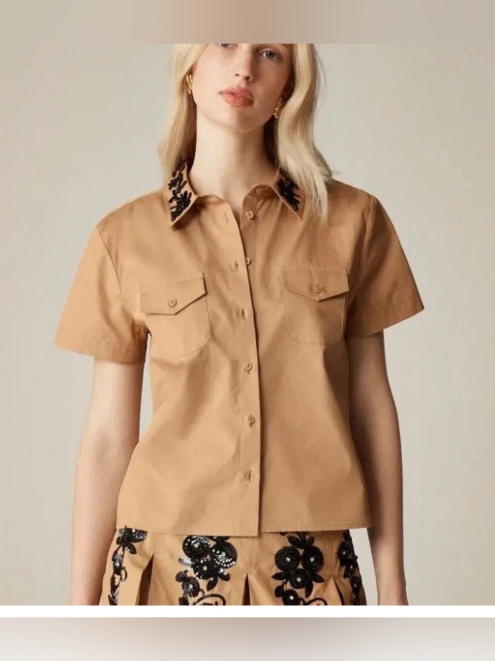 J.Crew Collection Cropped Button-Up Shirt – Floral Sequin Collar – Tan/Black – 1